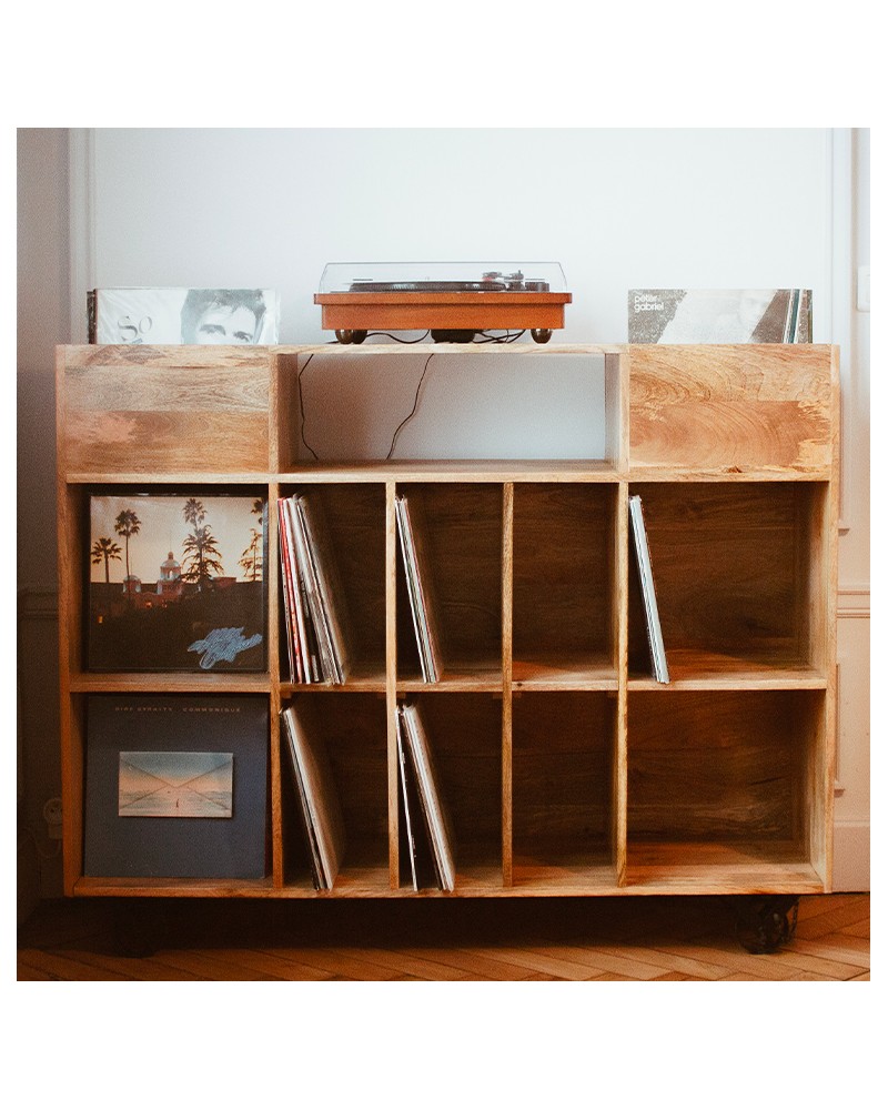 Meuble pour platines vinyle et rangement pour disques.